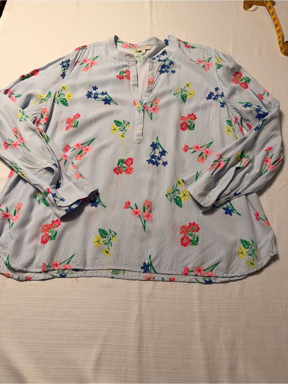 Talbots Light Blue Striped Floral Popover Blouse - Picture 2 of 7